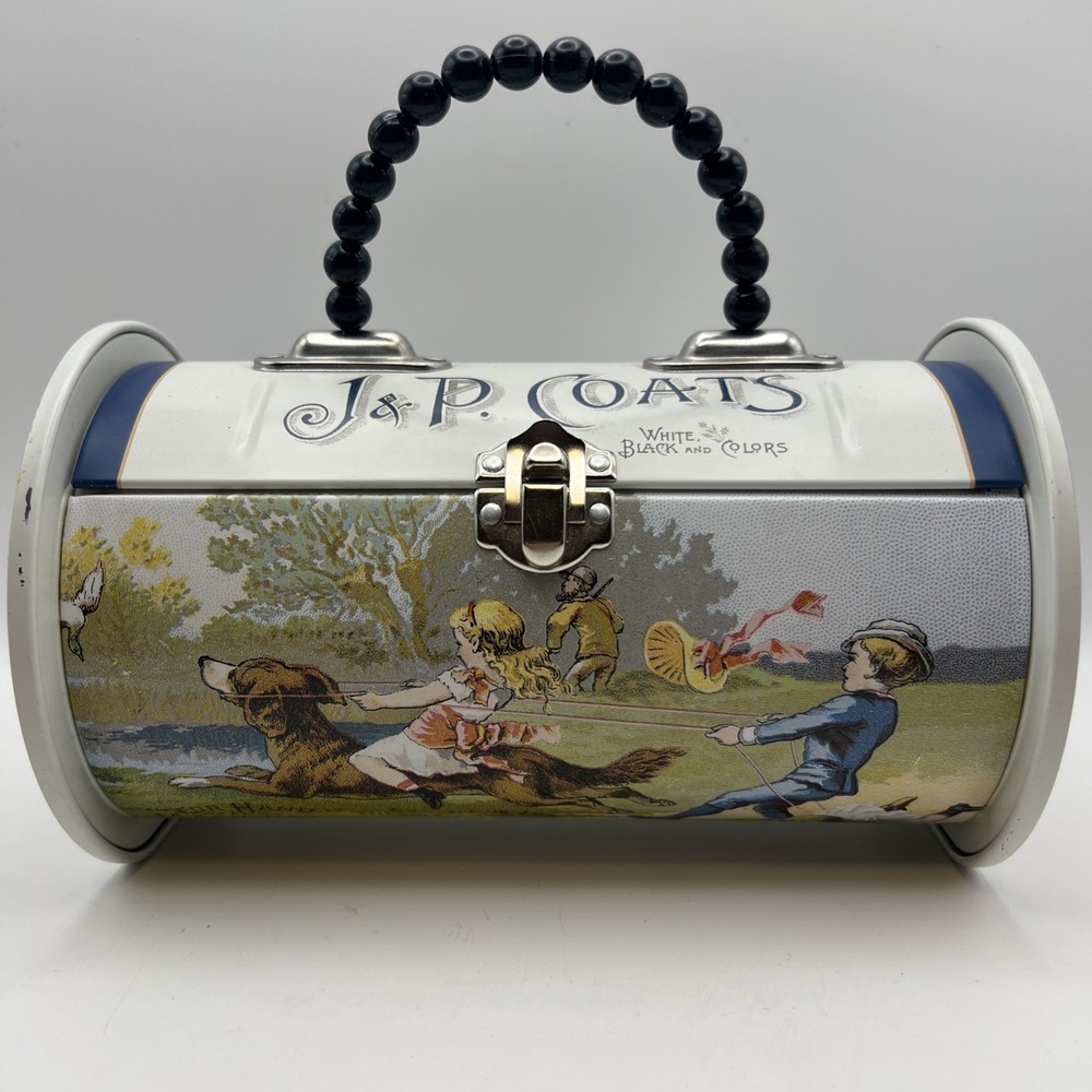 Vintage 2007 J&P Coats Tin Sewing Thread Purse - Latch Closure, Bead Handle